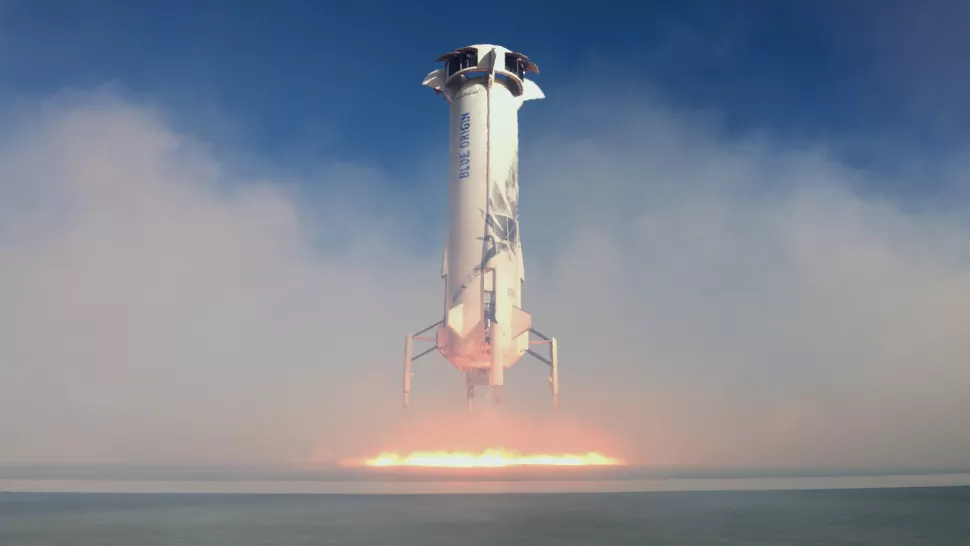 A Blue Origin New Shepherd rocket lands vertically after a launch.